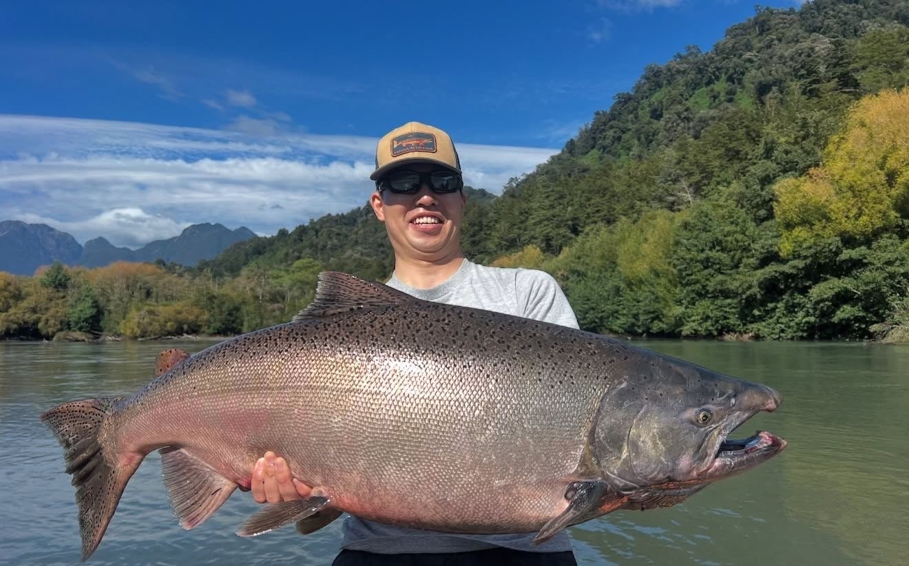 Large fish in a southern river surrounded by forest and mountains